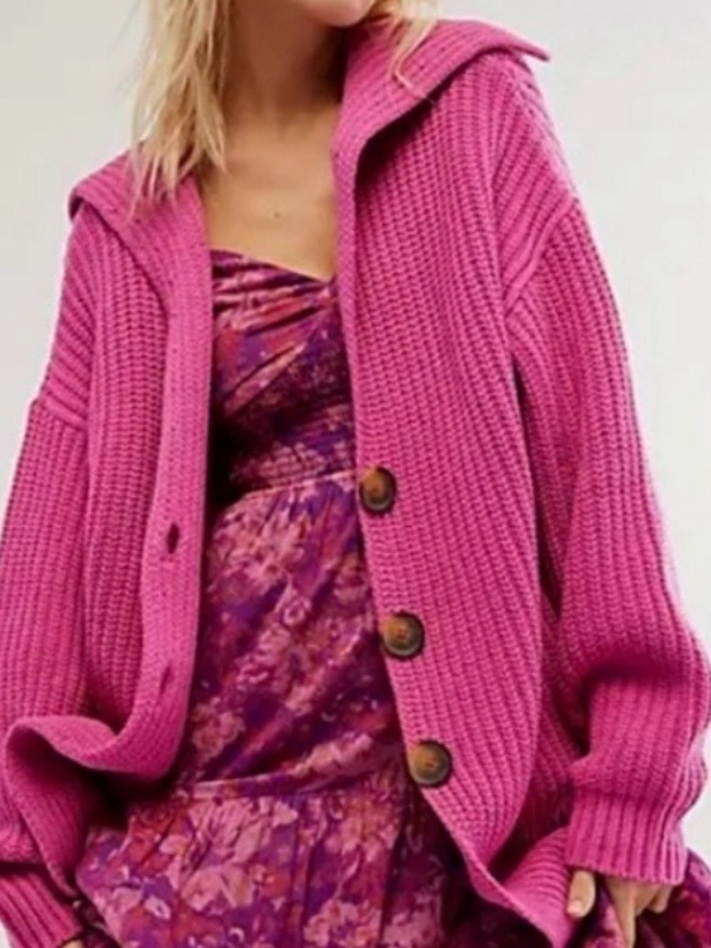 Free People Swim Too Deep Chunky Knit Cardigan Oversized Fuchsia Flame XS NWOT